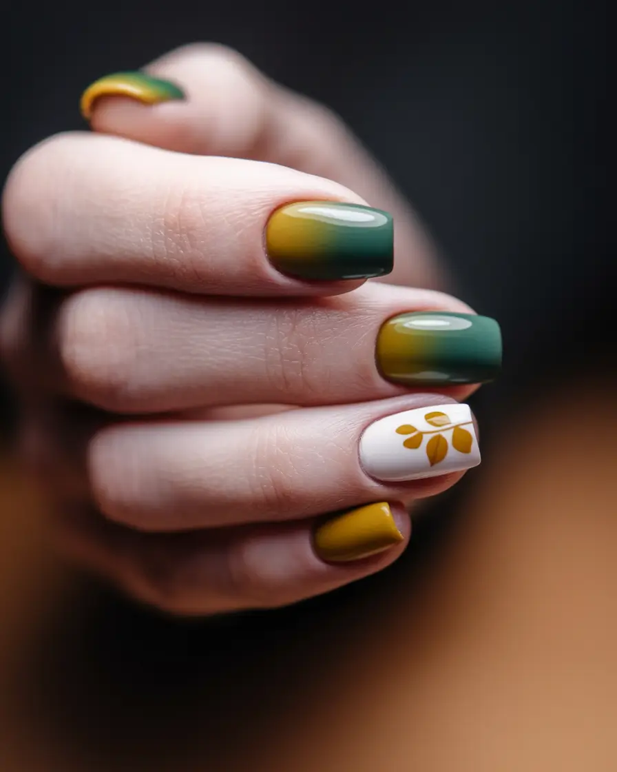 september nails color fall olive-chartreuse ombre botanical accent