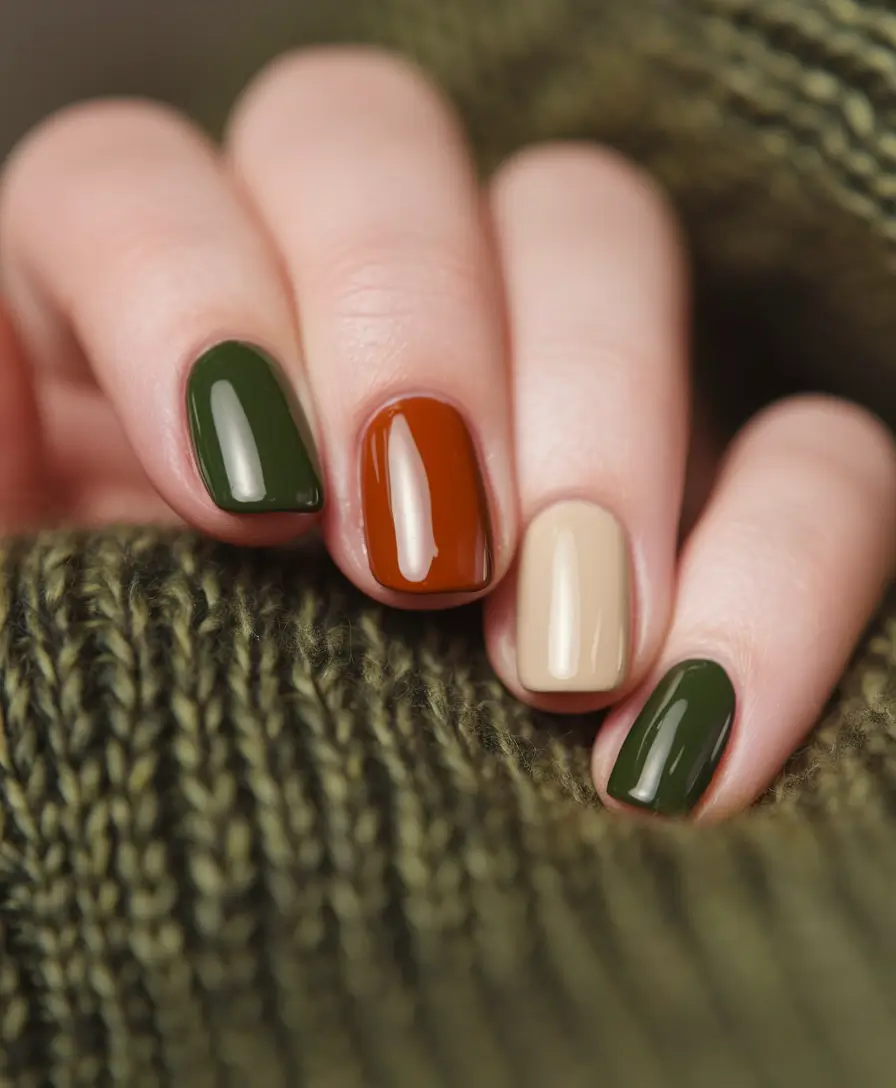 september nails color fall gel short autumn leaves color blocking