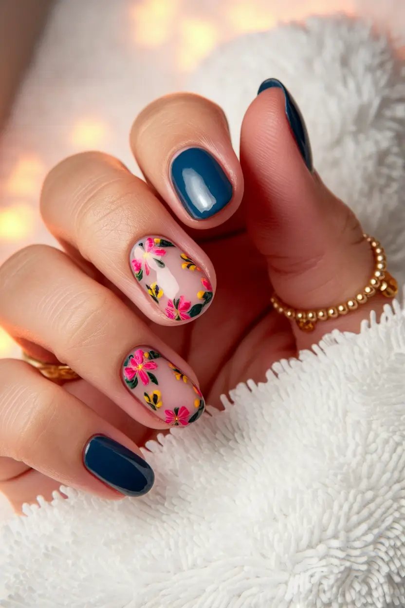 september nails color fall short square Midnight Navy Meets Whimsical Florals