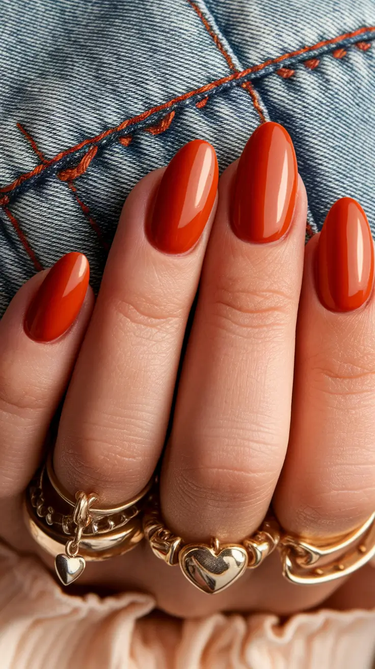 september nails color fall short almond Burnt Orange Almond That Screams Denim Season