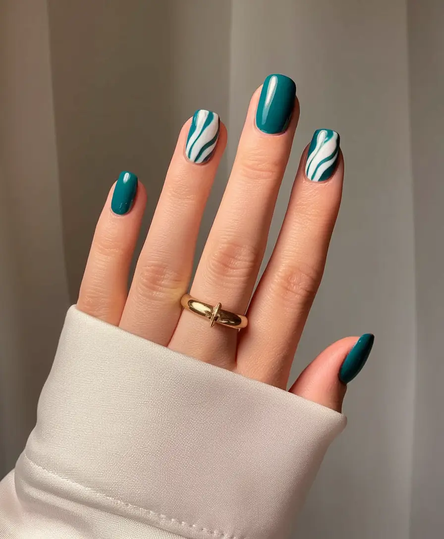 september nails color fall gel september nails color fall short square Abstract Teal with Fluid Line Art