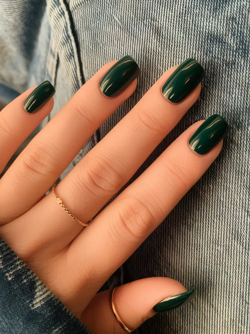 September nails design - fall trends for 2025 Deep Forest Green for the Denim Days
