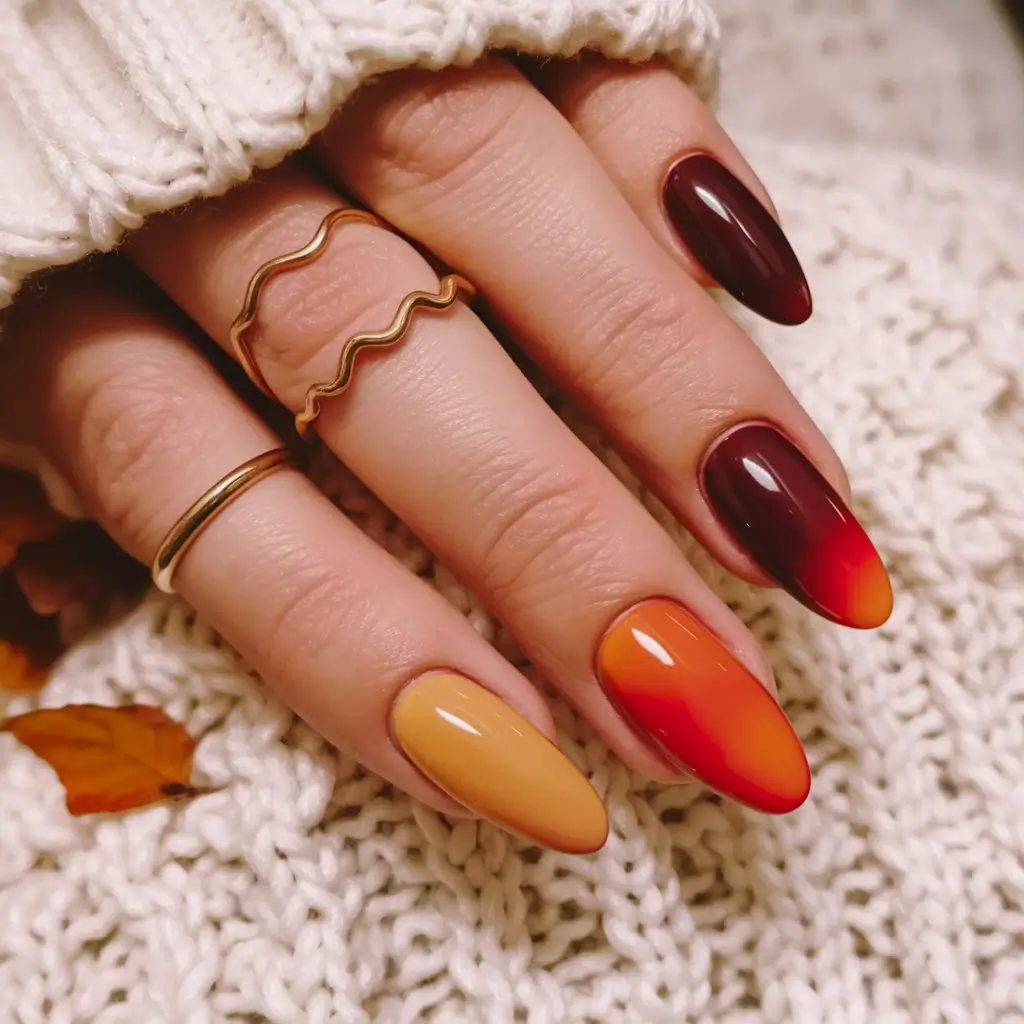 September nails design - fall trends for 2025 Ombre Harvest Sunset in Almond Shape