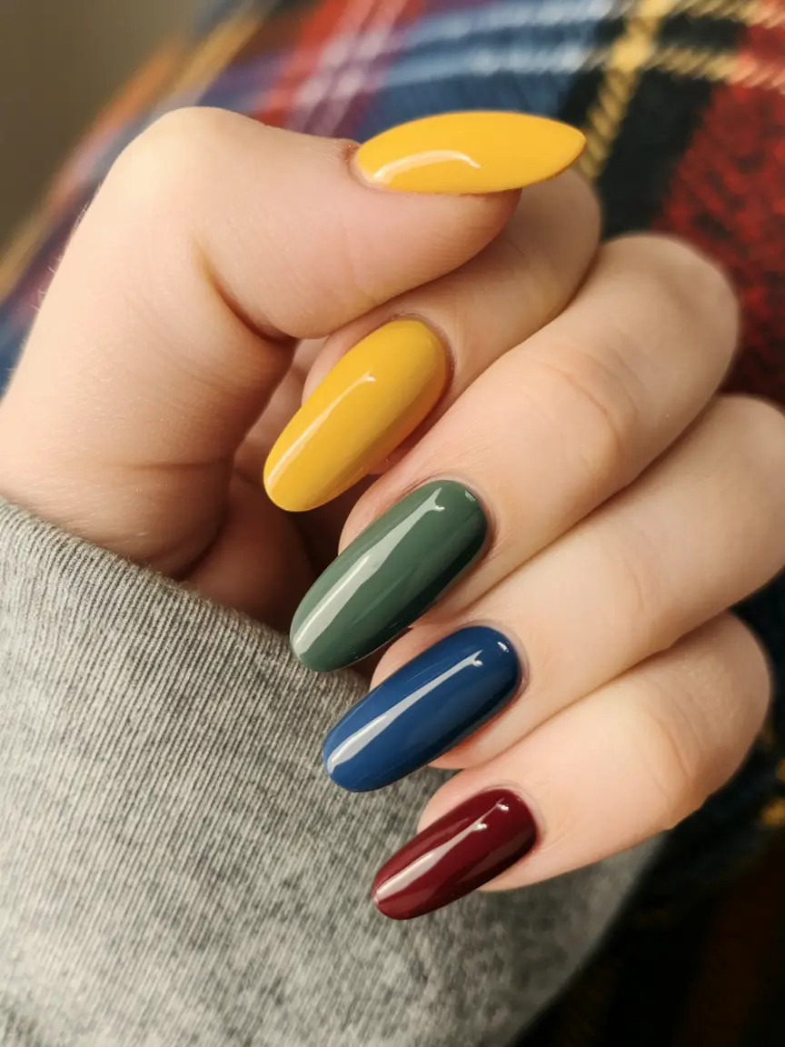 September nails design - fall trends for 2025 Primary Color Pop in Plaid-Inspired Palette