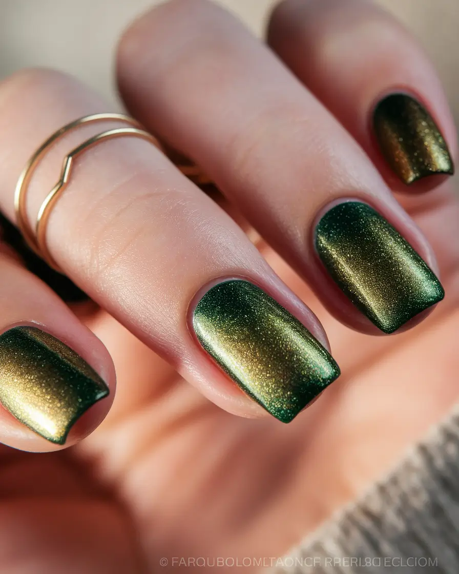 September nails design - fall trends for 2025 Chic Golden Green Cat-Eye Shimmer
