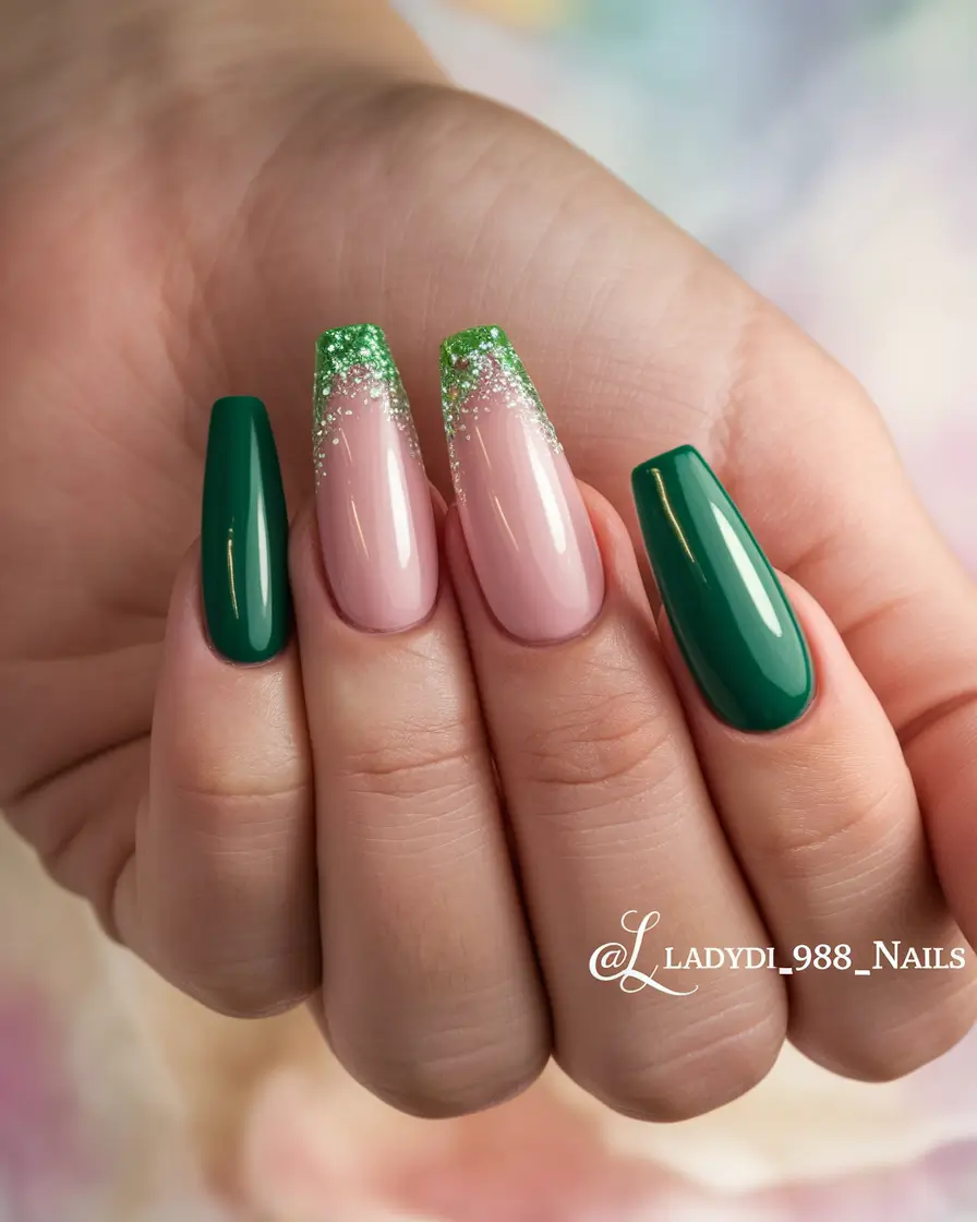 September nails design – fall trends for 2025 Evergreen Magic with Glitter French Tips