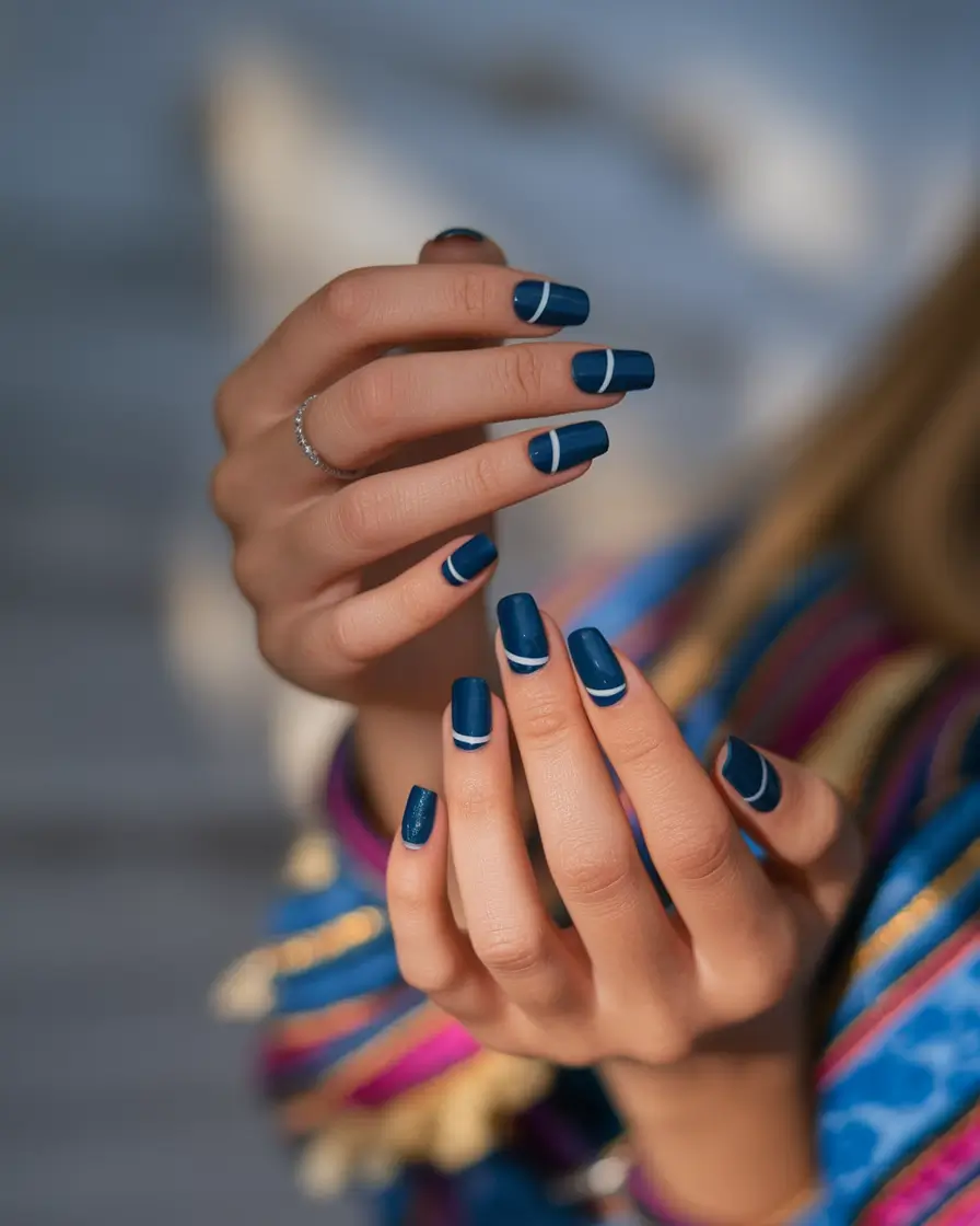September nails design - fall trends for 2025 Modern Navy French With a Graphic Twist