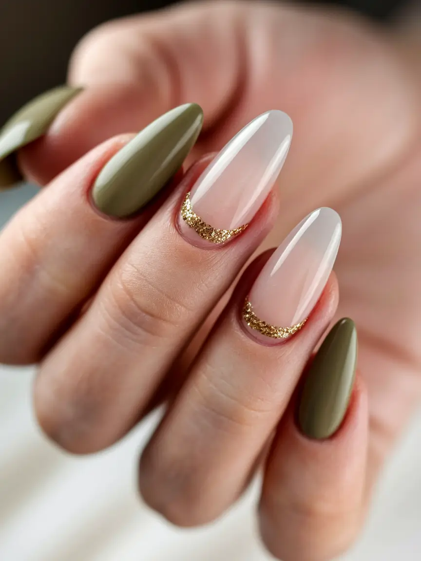 September nails design - fall trends for 2025 Olive Luxe With Gold Moon Detail