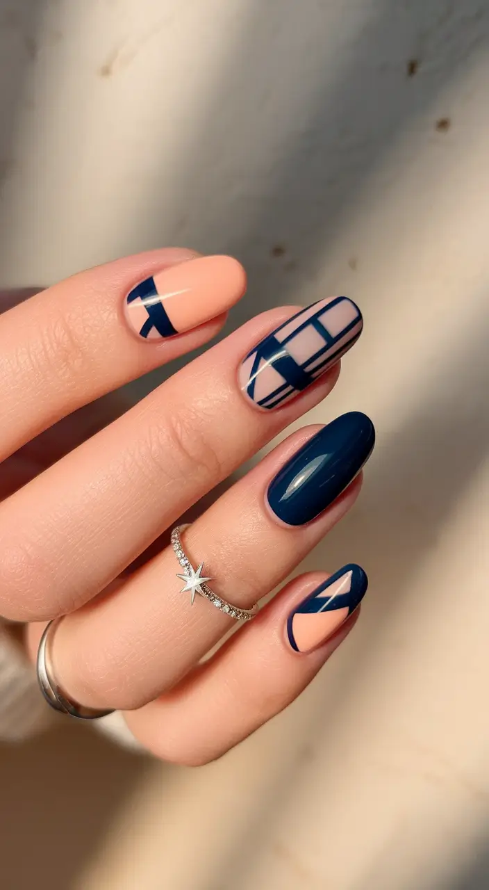 September nails design - fall trends for 2025 Modern Grid With Navy + Peach