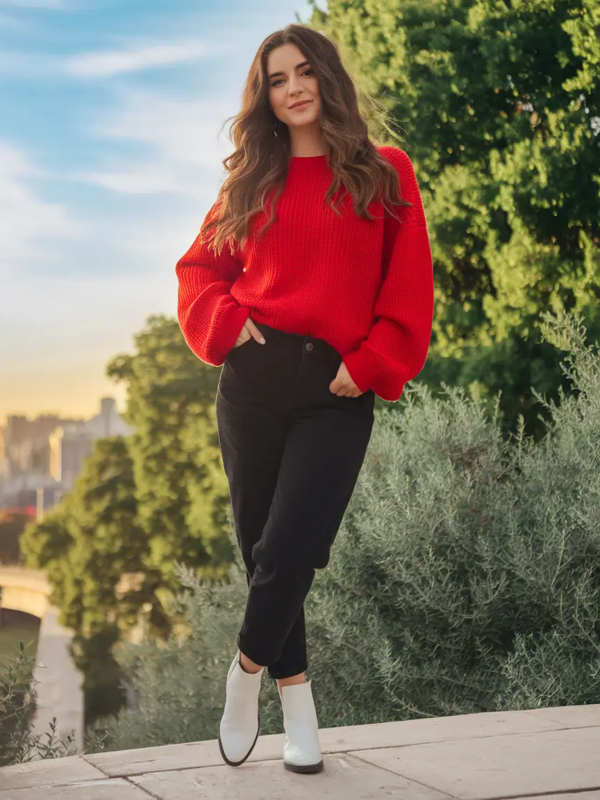september outfits ideas 2025 Crimson Knit Meets Urban Classic