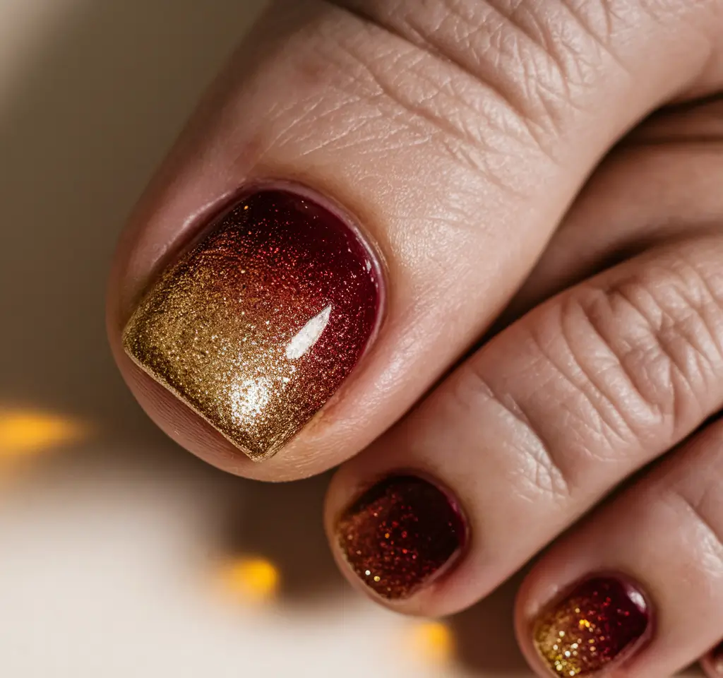 september toe nails color fall Glittering Burgundy-Gold Ombre That Feels Like Fall Leaves