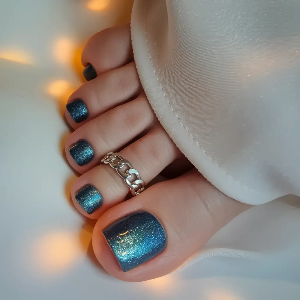 september toe nails designs Blue Steel Glow With a Metallic Edge