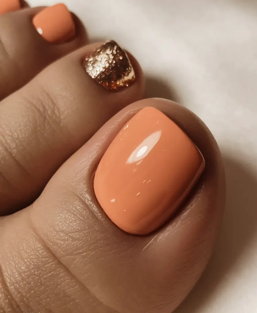 toe nails ideas september Peachy Pop With a Gold Accent