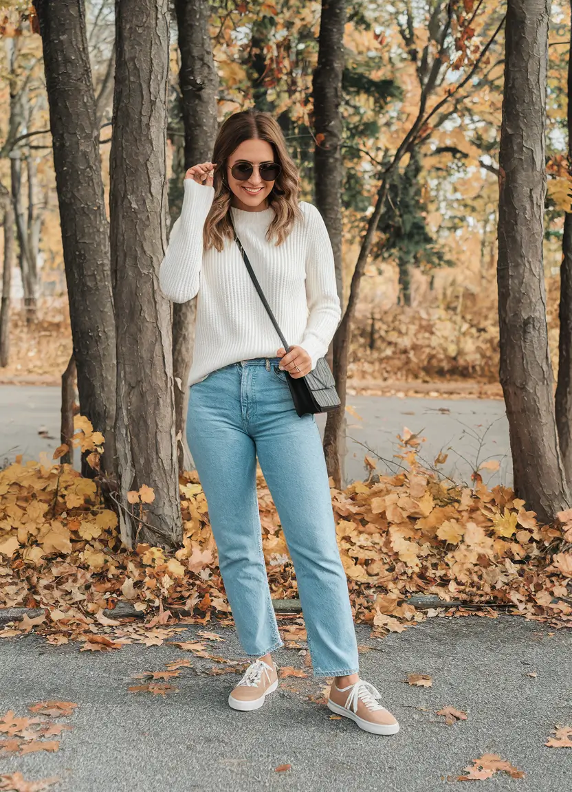 simple casual fall outfits ideas 2025 Cream Knit & Maple-Leaf Denim