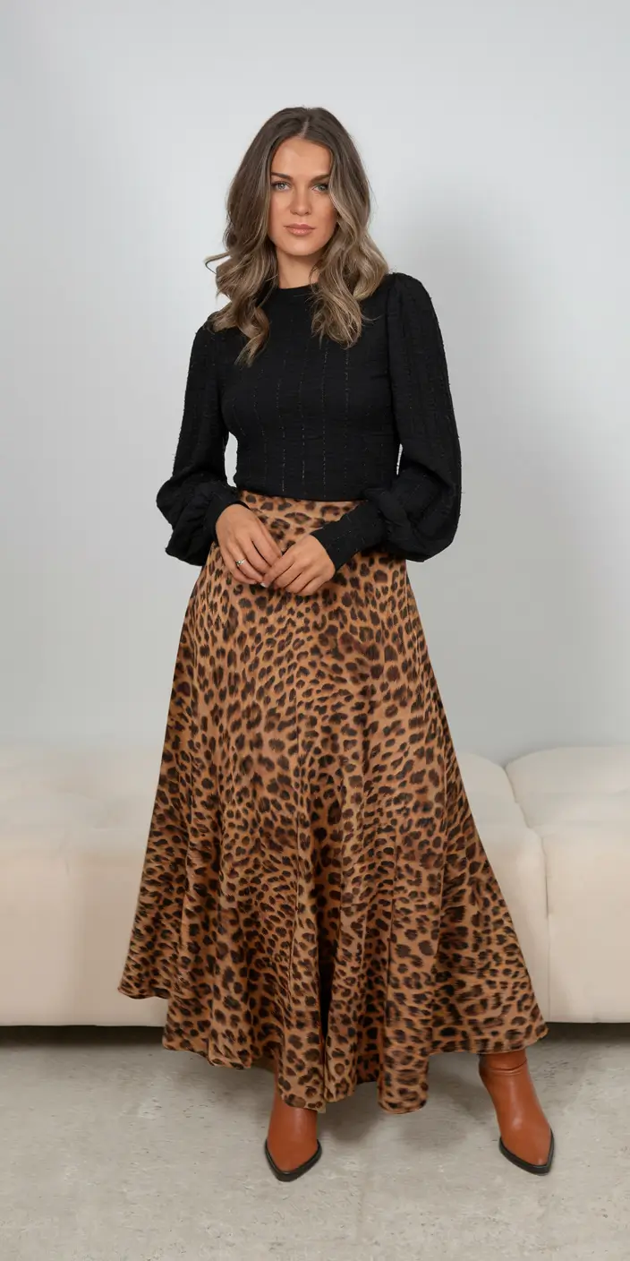 simple casual fall outfits ideas 2025 Leopard Midi, Black Knit Magic