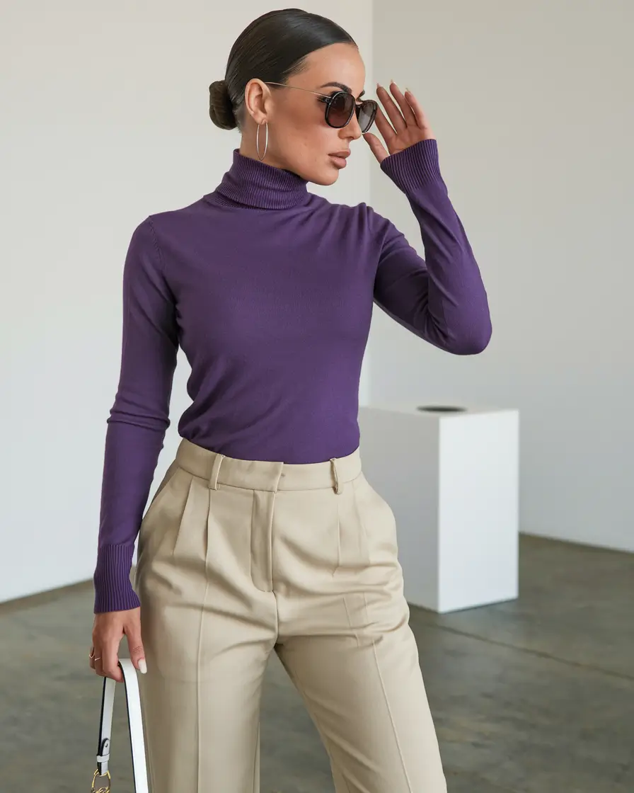 simple casual fall outfits ideas 2025 Purple Turtleneck Power Play