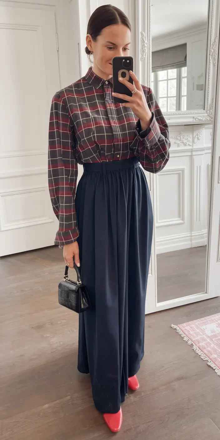 simple casual fall outfits ideas 2025 Plaid Prep Meets Maxi Drama
