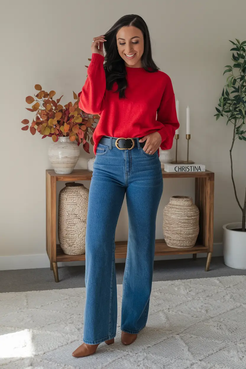 simple casual fall outfits ideas 2025 Cherry Red Sweater & Denim Confidence