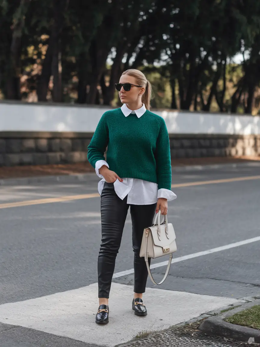 simple casual fall outfits ideas 2025 Emerald Layering with Leather Edge