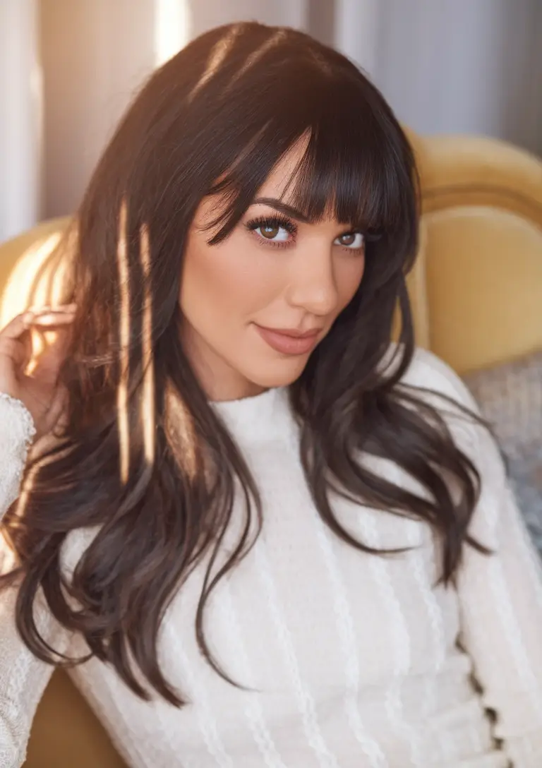 Trending Fall 2025 Hair Colors for Deeper Skin Textured Charcoal Layers with Face-Framing Bangs