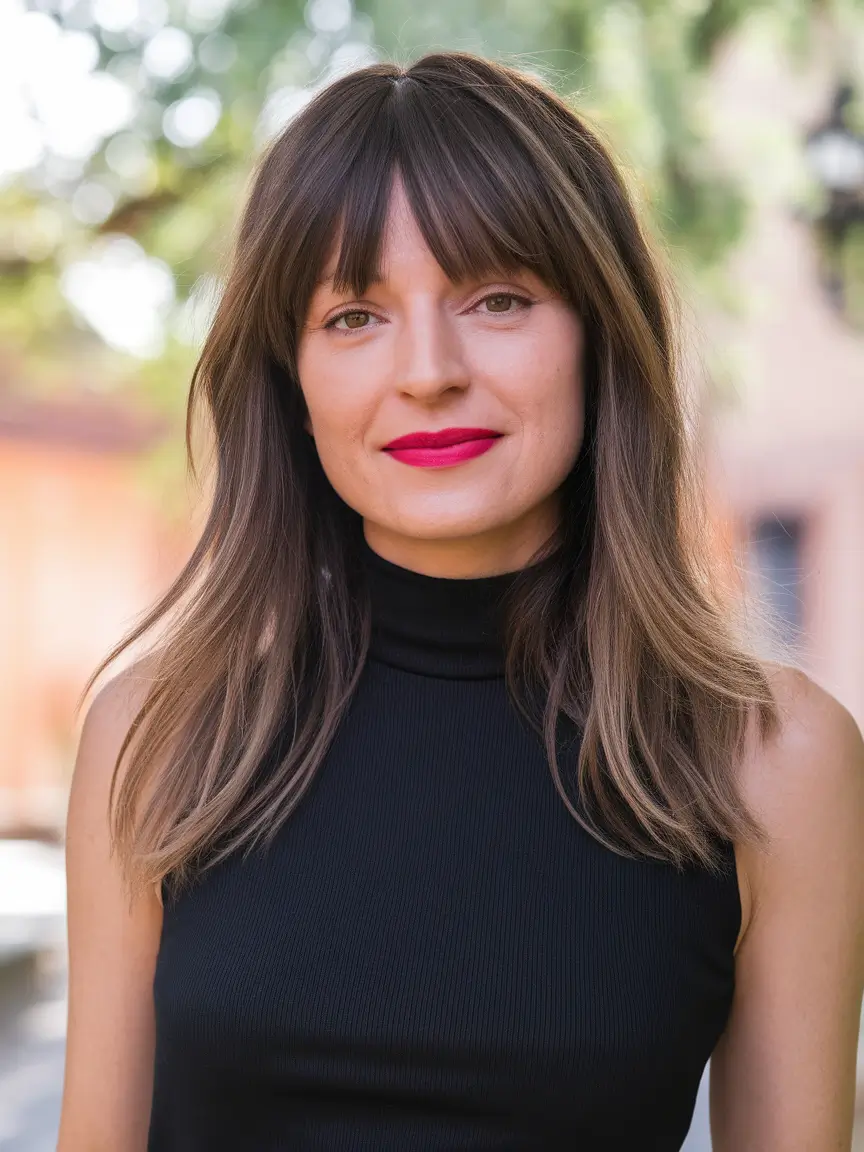 Trending Fall Haircuts for Round Face in 2025 Soft Layered Waves with Full Fringe