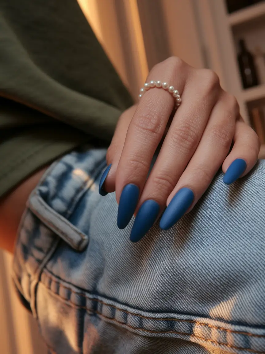 Trendy Early Fall Nails Ideas 2025 Denim Blue Matte Mood