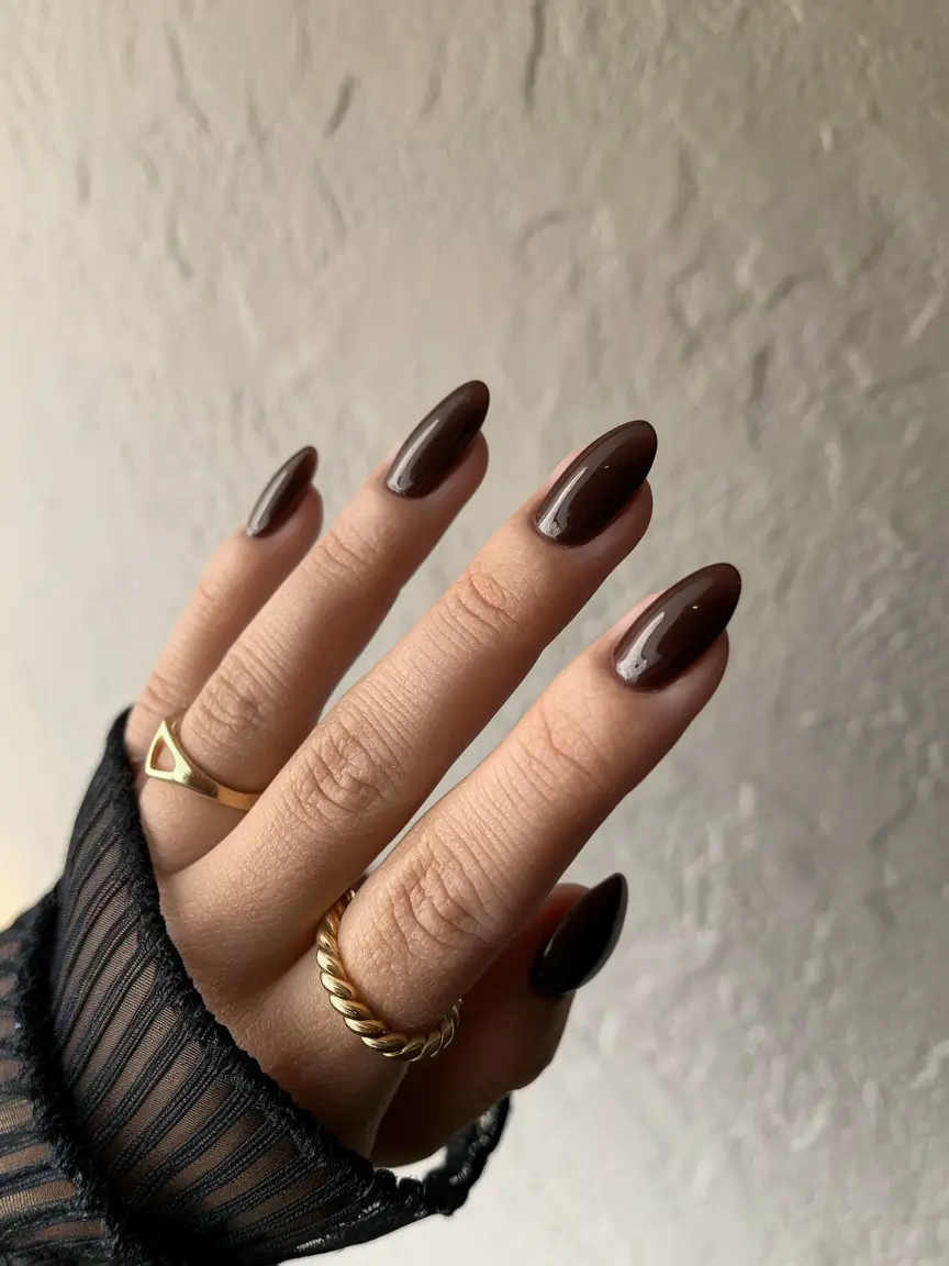 Trendy Early Fall Nails Ideas 2025 Black Coffee Gloss