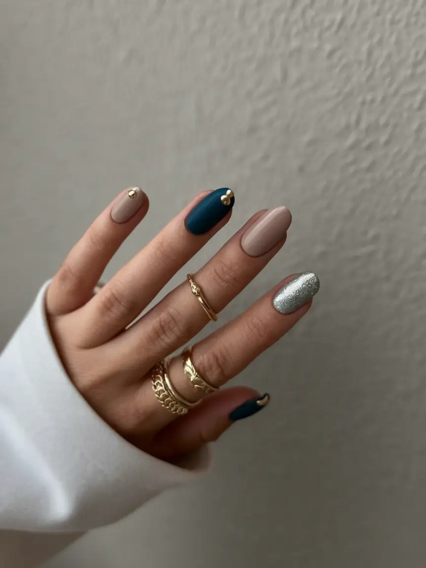Trendy Early Fall Nails Ideas 2025 Eclectic Charm with Gold Accents