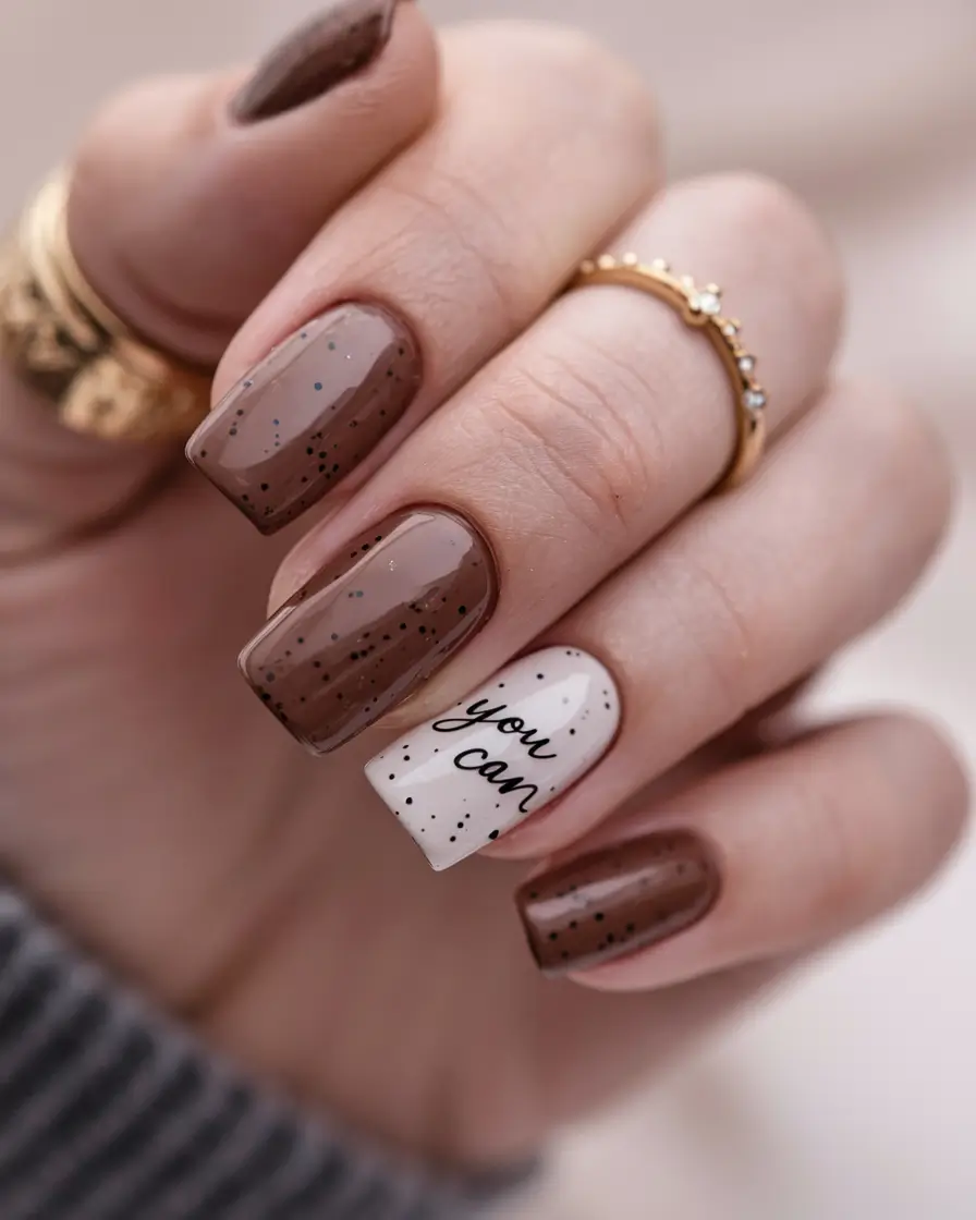 Trendy Early Fall Nails Ideas 2025 Speckled Mocha with Motivation