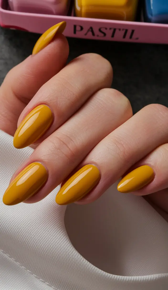 Trendy Early Fall Nails Ideas 2025 Golden Mustard Almonds