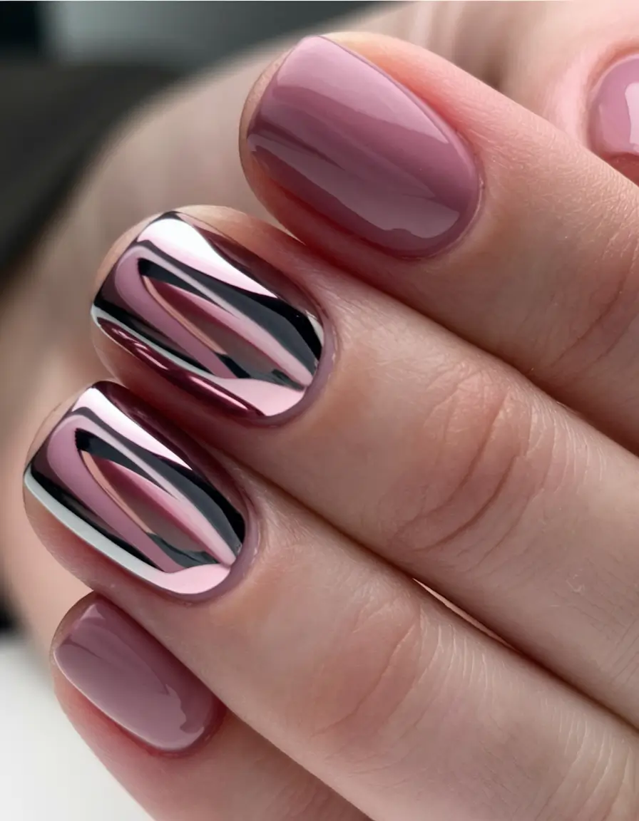 Trendy Early Fall Nails Ideas 2025 Blushed Chrome Fusion