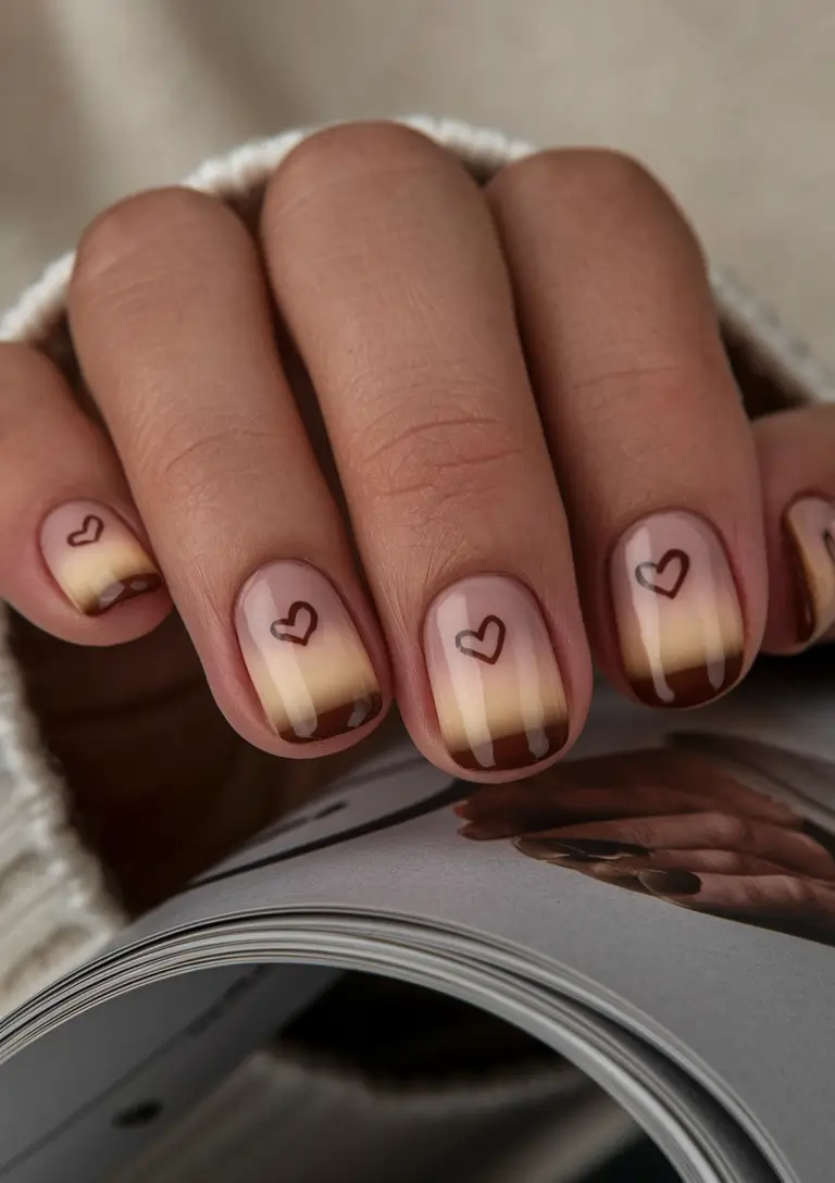 Trendy Early Fall Nails Ideas 2025 Espresso Hearts & Creamy Tips