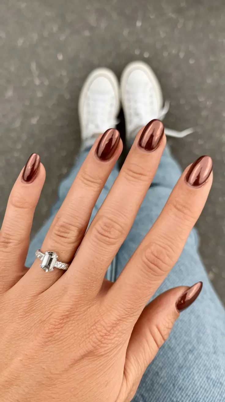 Trendy Early Fall Nails Ideas 2025 Molten Brown Chrome