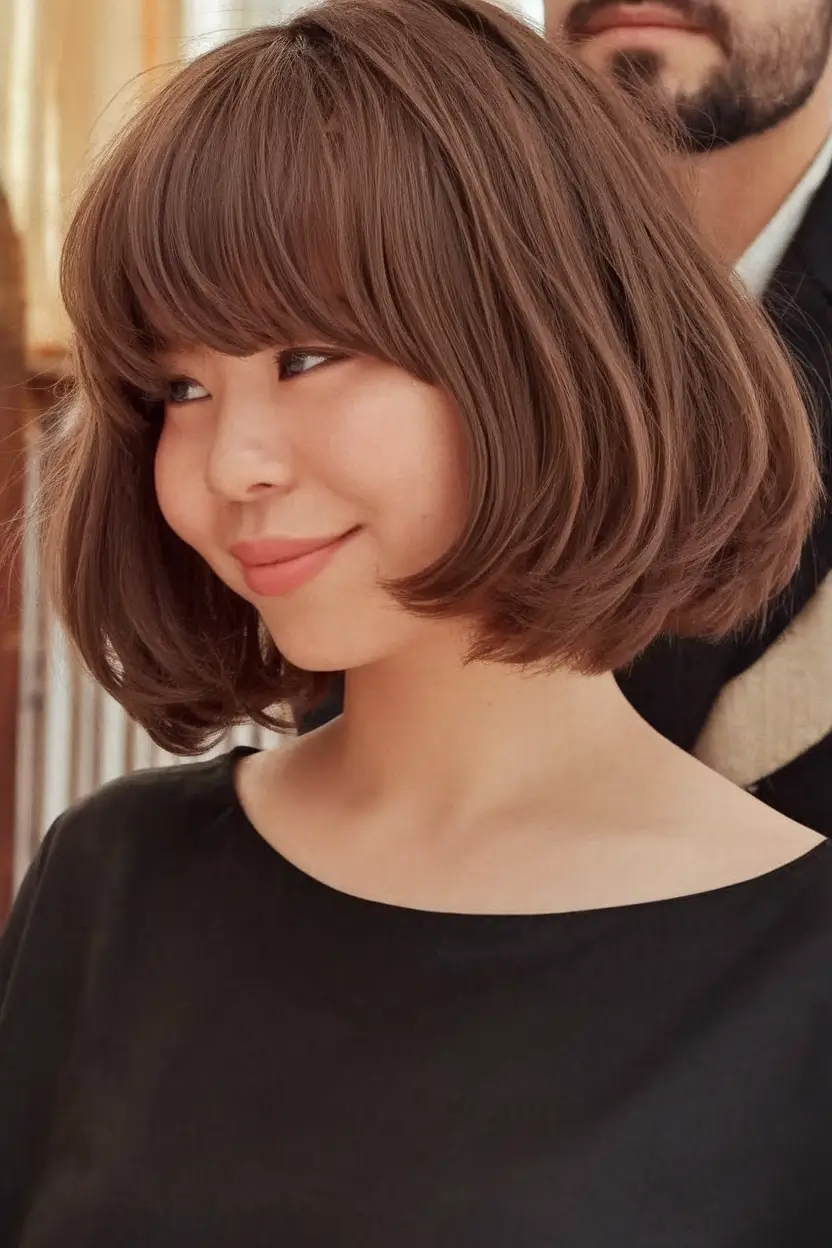 Trendy Fall 2025 Haircuts for Chubby Face Shapes Curly Bob with Bangs