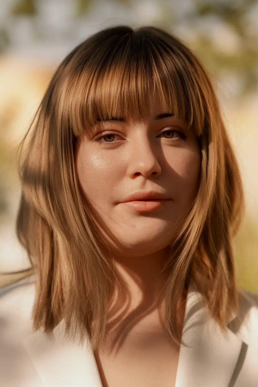 Trendy Fall 2025 Haircuts for Chubby Face Shapes Face-Framing Layered Lob with Bangs