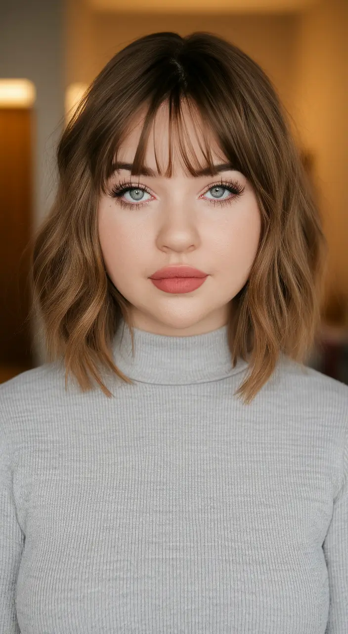 Trendy Fall 2025 Haircuts for Chubby Face Shapes Wavy Bob with Bangs
