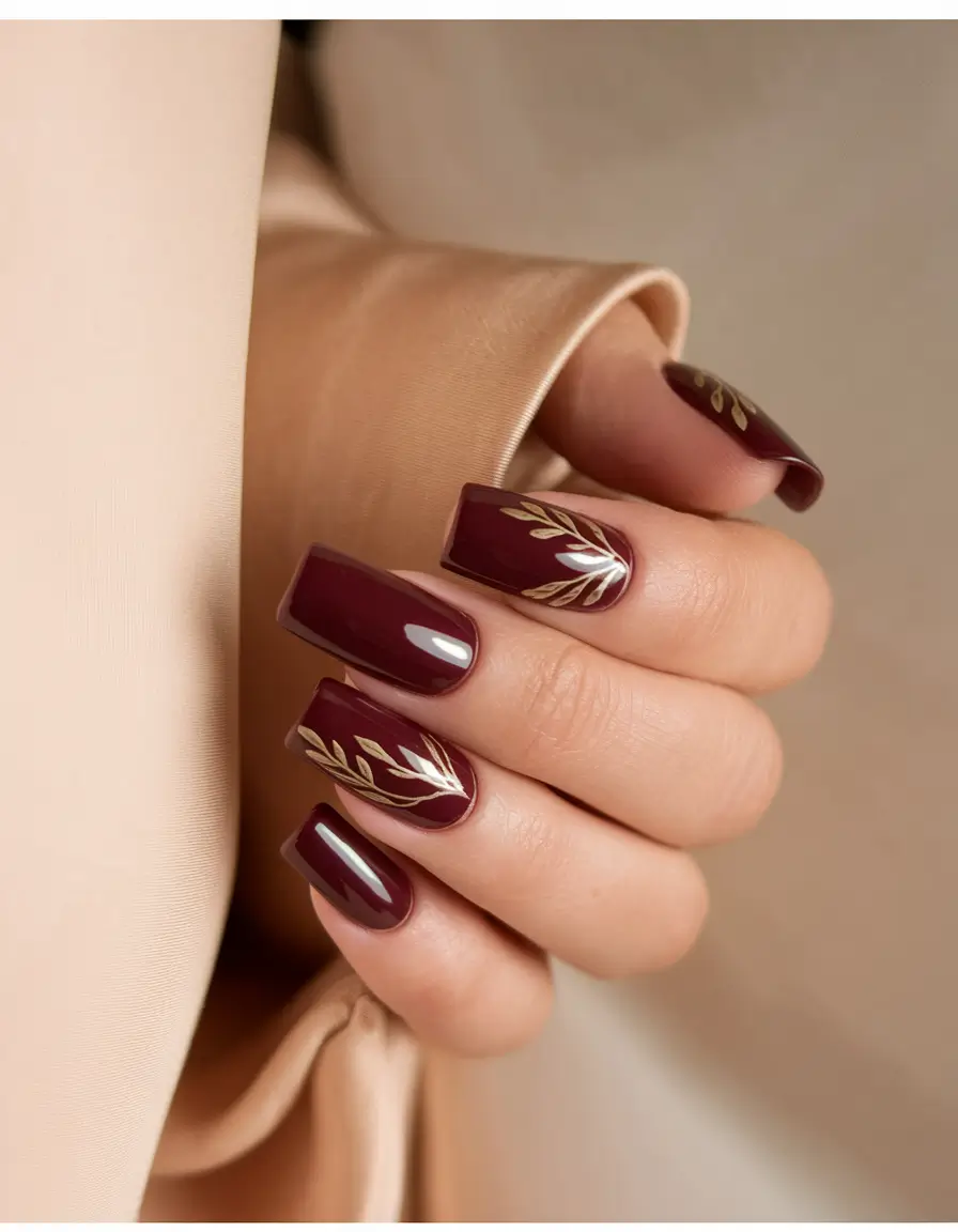 fall color nails autumn designs autumn square Wine Red and Gold Leaf Detail