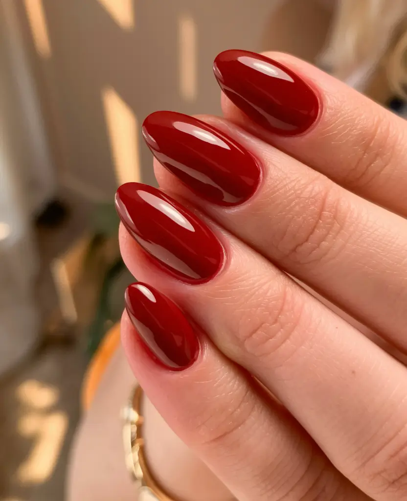 fall color nails gel short Classic Crimson Oval Elegance