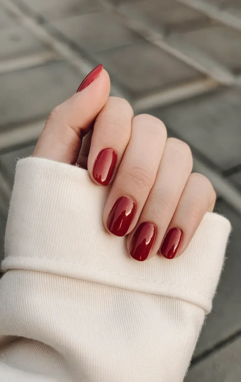 fall color nails short Glossed Cherry Round for Everyday Fall