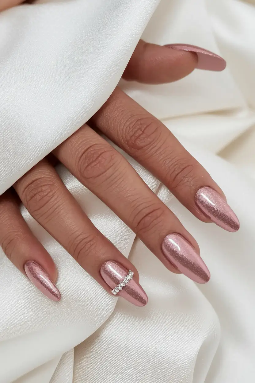 chrome pastel gel short fall color nails Rose Chrome Shimmer with Accent Ring