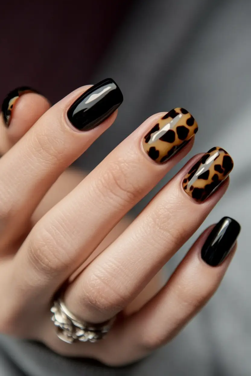 fall color nails designs Glossy Black Meets Leopard Accent