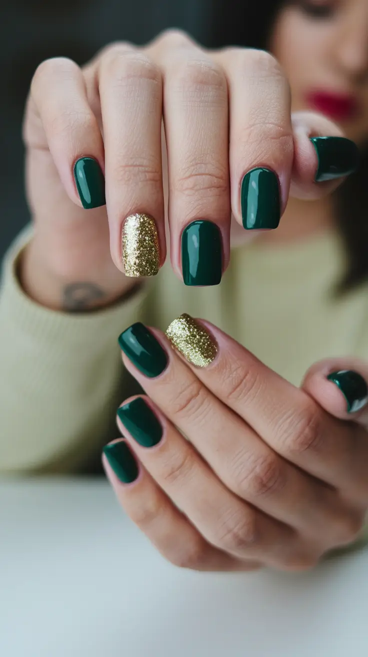 fall color nails autumn with glitter Emerald Glam with Gold Accent