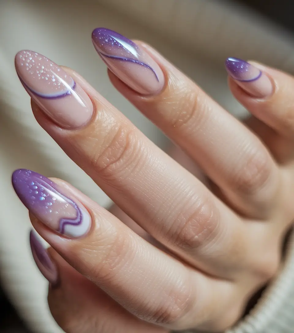 fall color nails designs art ideas Purple Dream Swirl on Almond Tips