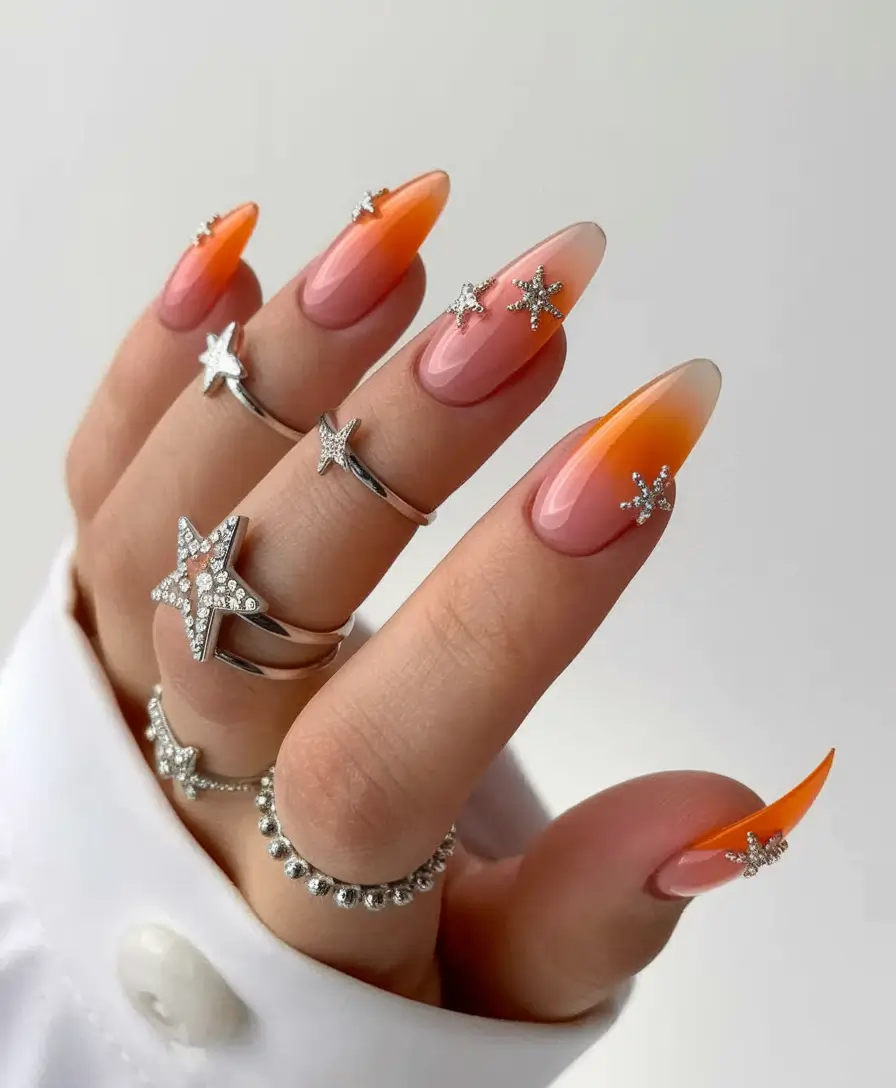 fall color nails autumn almond Ombre Tangerine with Star Accents