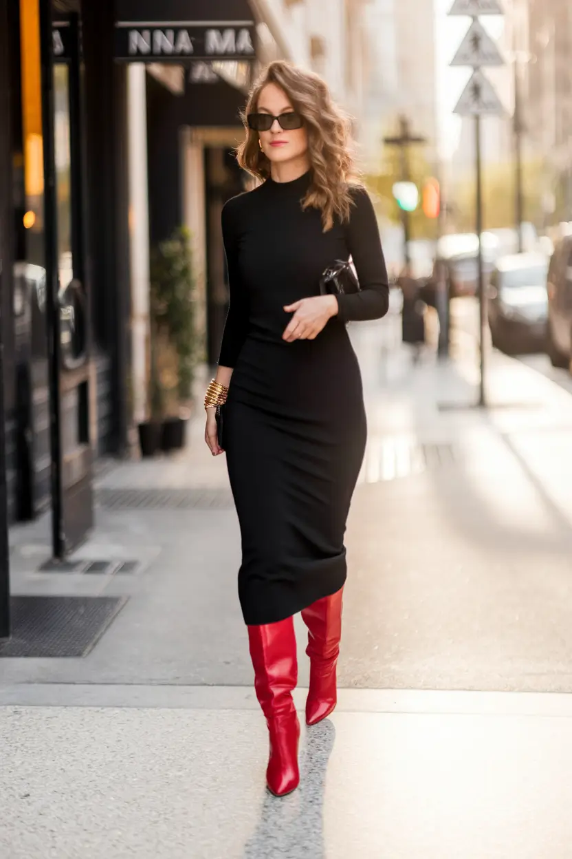 trendy fall outfits ideas 2025 Red Boots, Black Dress, Maximum Confidence