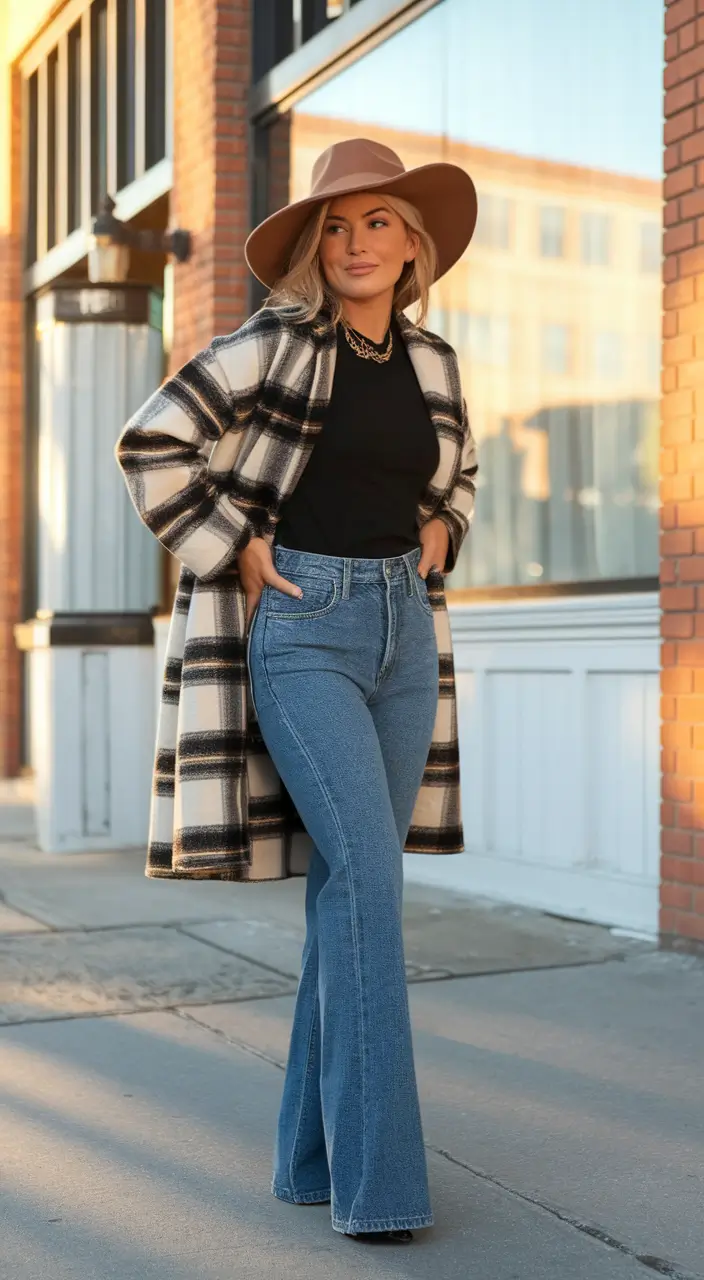 trendy fall outfits ideas 2025 Flared Denim Meets Cozy Layers