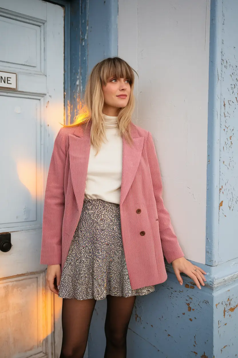 trendy fall outfits ideas 2025 Corduroy Blazer & Soft Skirt Simplicity
