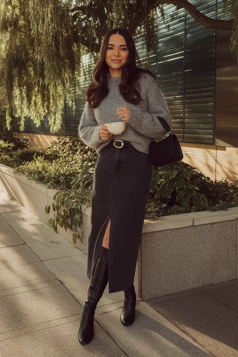 trendy fall outfits ideas 2025 Soft Knit and Black Denim Midi
