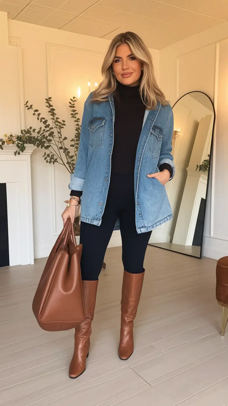 trendy fall outfits ideas 2025 Denim Overshirt & Chestnut Boots Combo