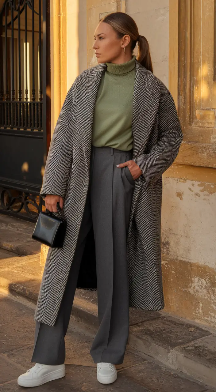 trendy fall outfits ideas 2025 Minty Neutrals with Herringbone Ease